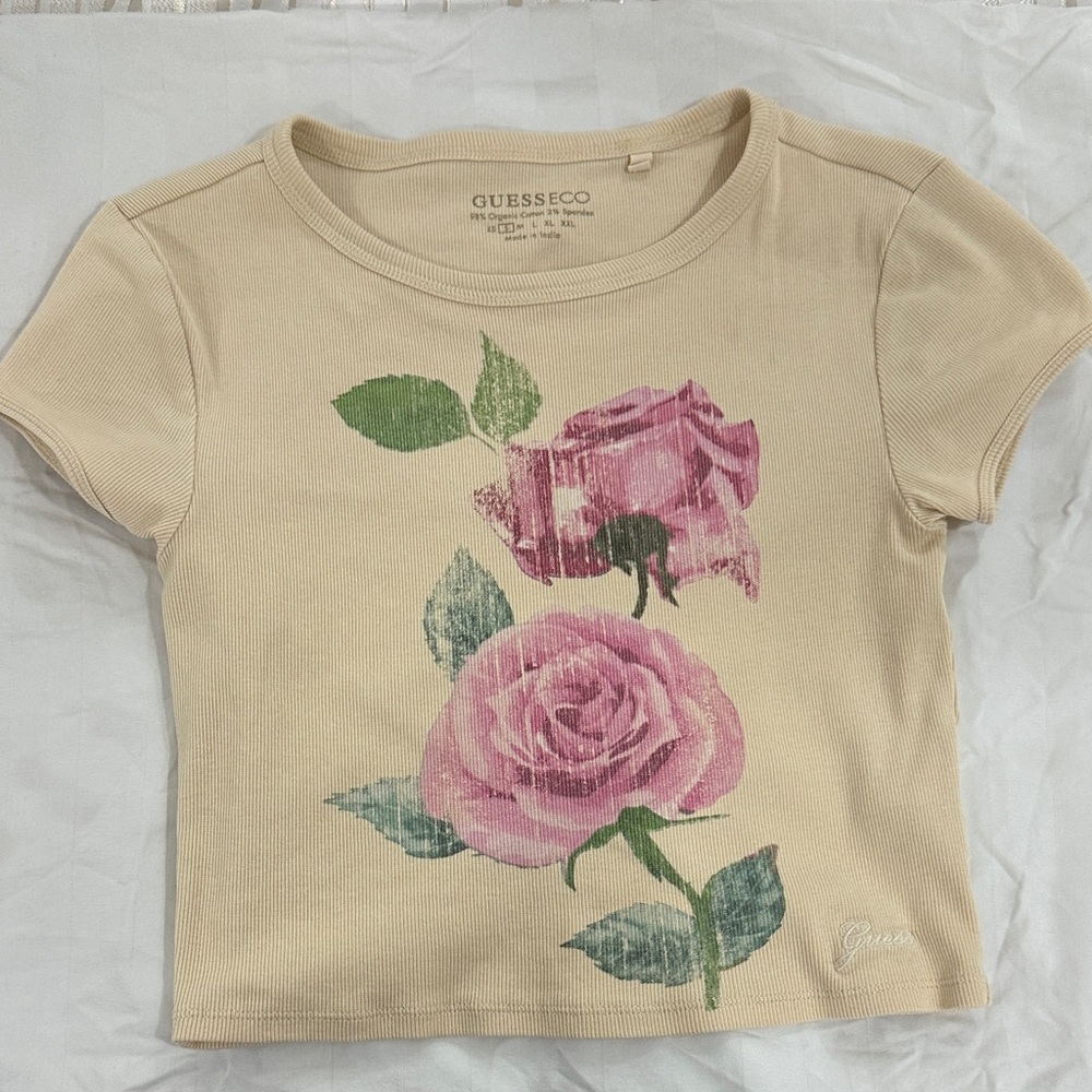 GUESS Kids Beige Tee with Pink Floral Design